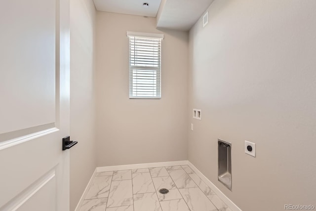 9629 Browns Peak Cir, Littleton, CO 80125 - laundry room featuring electric dryer hookup, hookup for a washing machine, marble look tile flooring, and baseboards