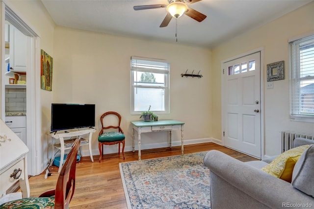 living room with ceiling fan, radiator, and light hardwood / wood-style flooring