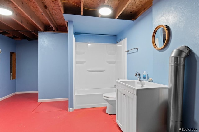 full bathroom with concrete floors, tub / shower combination, toilet, and vanity