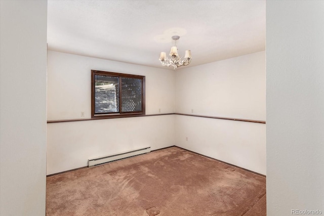 empty room featuring a baseboard radiator, carpet flooring, and an inviting chandelier