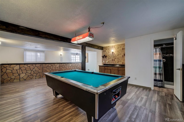 recreation room with hardwood / wood-style flooring, pool table, a textured ceiling, and beam ceiling