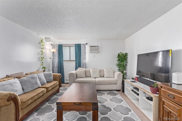 living room featuring light carpet, a wall unit AC, a textured ceiling, and baseboard heating