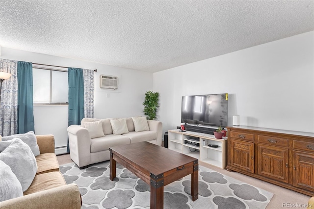 living room featuring light carpet, a baseboard radiator, a textured ceiling, and a wall mounted AC