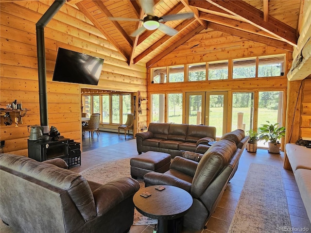 living room featuring high vaulted ceiling, a wood stove, log walls, and wood ceiling