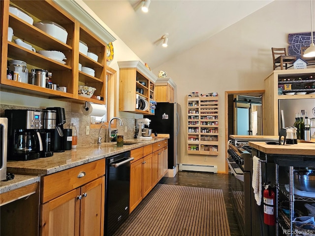 kitchen with sink, backsplash, black dishwasher, light stone countertops, and vaulted ceiling