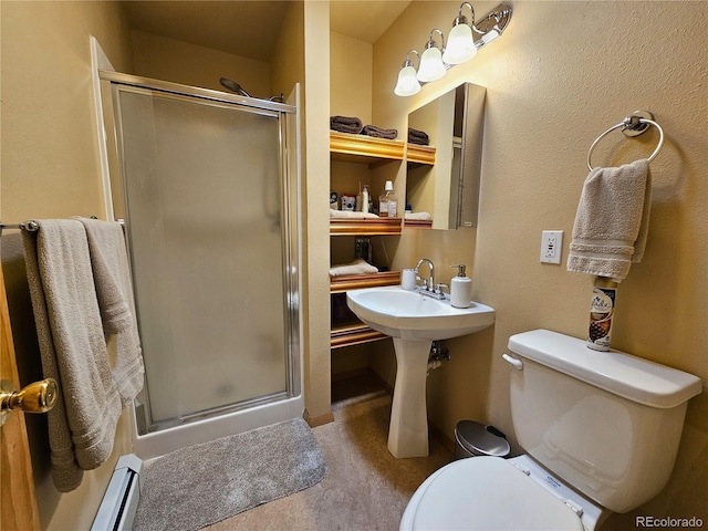 bathroom featuring a baseboard radiator, an enclosed shower, and toilet