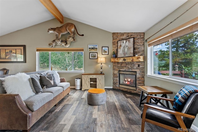 living room with a stone fireplace, dark hardwood / wood-style flooring, and lofted ceiling with beams