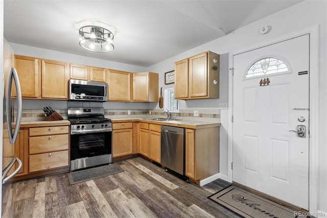 kitchen with stainless steel appliances, dark hardwood / wood-style flooring, and light brown cabinetry