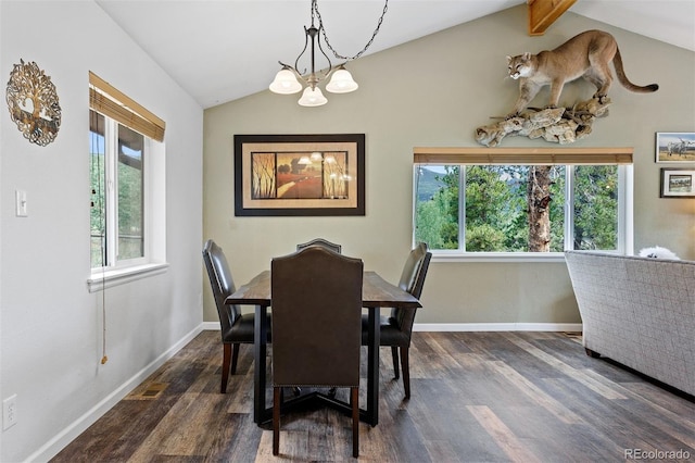 dining room with lofted ceiling with beams, plenty of natural light, dark wood-type flooring, and a notable chandelier