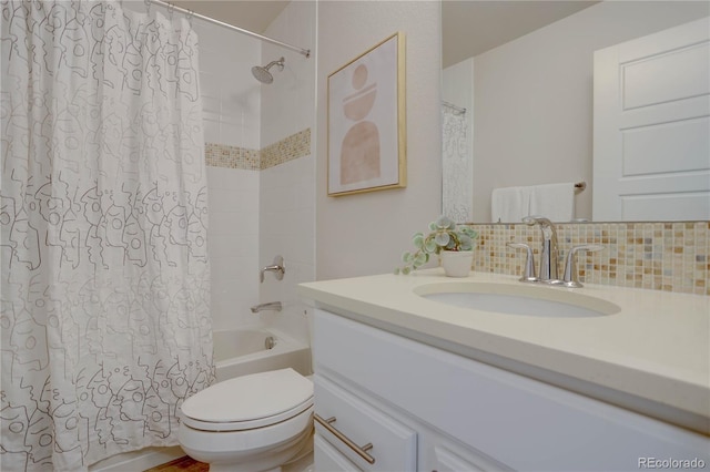 full bathroom with decorative backsplash, shower / bath combination with curtain, vanity, and toilet