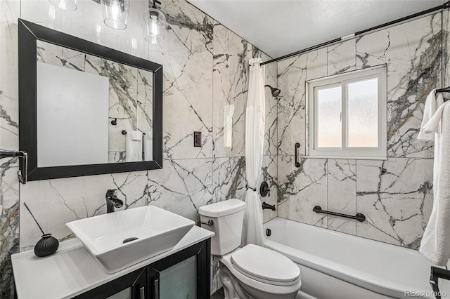 bathroom with vanity, tile walls, toilet, and shower / bathtub combination with curtain