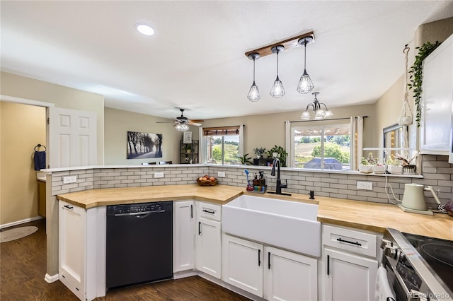 1974 E 102nd Cir, Thornton, CO 80229 - kitchen featuring wood counters, dishwasher, stainless steel electric range, backsplash, and recessed lighting