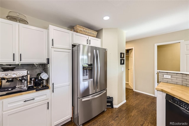1974 E 102nd Cir, Thornton, CO 80229 - kitchen featuring stainless steel fridge with ice dispenser, black dishwasher, decorative backsplash, white cabinets, and dark wood-style floors