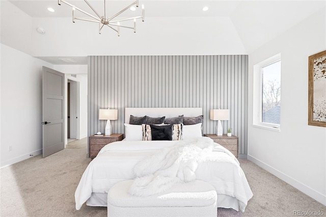 bedroom featuring light colored carpet and lofted ceiling