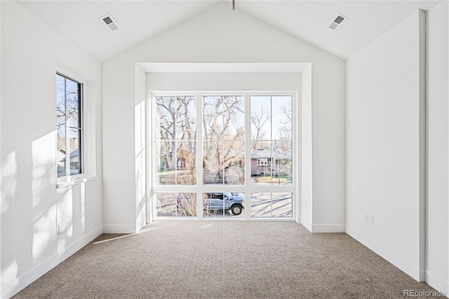 interior space featuring plenty of natural light, carpet, and vaulted ceiling