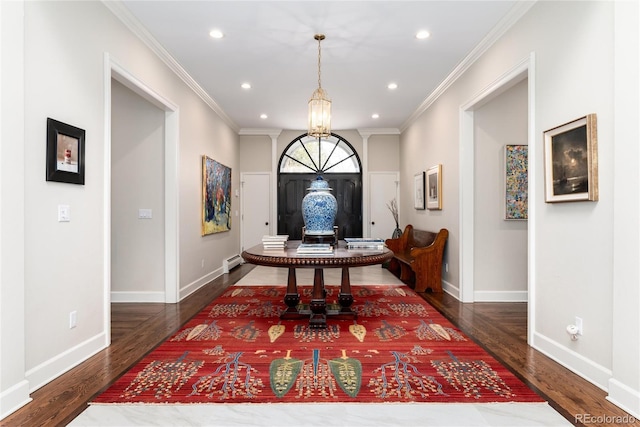 4 Cherry Hills Farm Dr, Cherry Hills Village, CO 80113 - entryway with ornamental molding, recessed lighting, wood finished floors, a baseboard heating unit, and baseboards