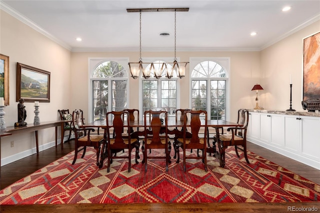 4 Cherry Hills Farm Dr, Cherry Hills Village, CO 80113 - dining space with dark wood-style floors, a chandelier, ornamental molding, recessed lighting, and baseboards