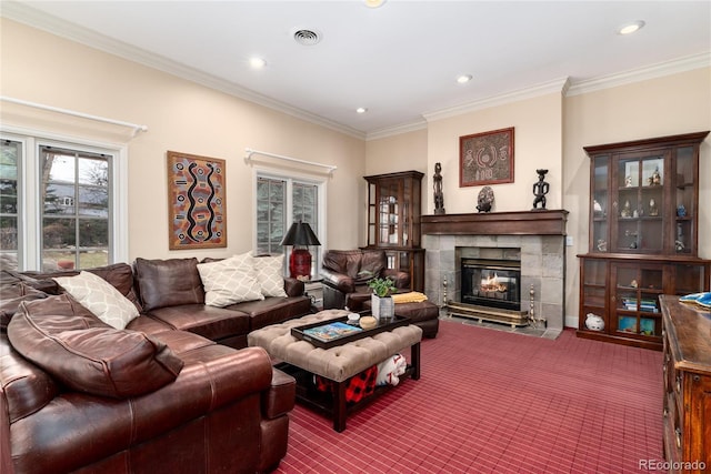 4 Cherry Hills Farm Dr, Cherry Hills Village, CO 80113 - living area featuring a tile fireplace, crown molding, recessed lighting, and carpet floors