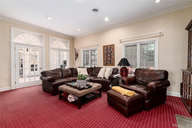4 Cherry Hills Farm Dr, Cherry Hills Village, CO 80113 - living area featuring carpet floors, ornamental molding, baseboards, and recessed lighting