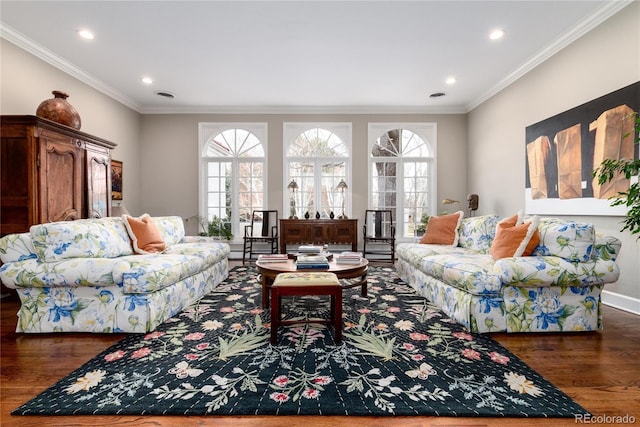 4 Cherry Hills Farm Dr, Cherry Hills Village, CO 80113 - living room with wood finished floors, ornamental molding, recessed lighting, and baseboards