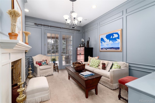 4 Cherry Hills Farm Dr, Cherry Hills Village, CO 80113 - living room with a decorative wall, french doors, a chandelier, light carpet, and a high end fireplace