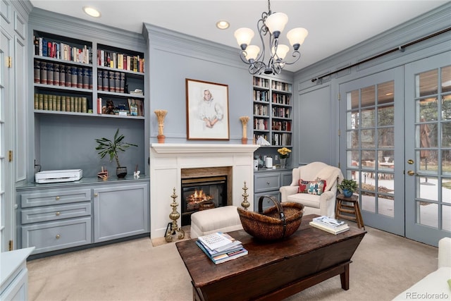 4 Cherry Hills Farm Dr, Cherry Hills Village, CO 80113 - living room featuring carpet, french doors, a chandelier, ornamental molding, and built in features