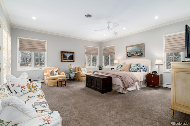 4 Cherry Hills Farm Dr, Cherry Hills Village, CO 80113 - bedroom featuring carpet floors, multiple windows, a baseboard radiator, baseboard heating, and crown molding