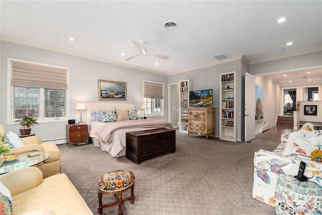 4 Cherry Hills Farm Dr, Cherry Hills Village, CO 80113 - carpeted bedroom with ornamental molding, multiple windows, recessed lighting, a baseboard heating unit, and baseboards