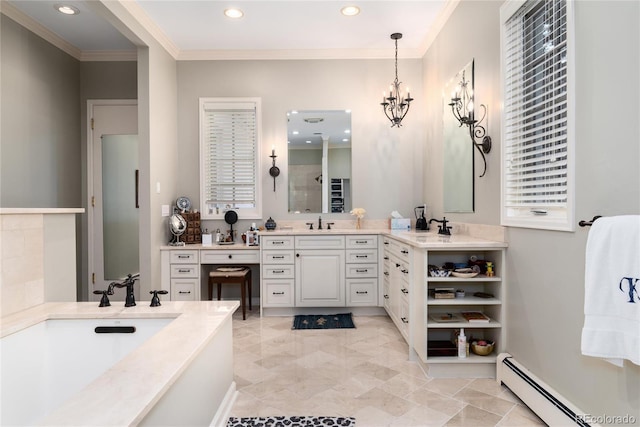 4 Cherry Hills Farm Dr, Cherry Hills Village, CO 80113 - full bathroom with baseboard heating, crown molding, recessed lighting, two vanities, and a chandelier