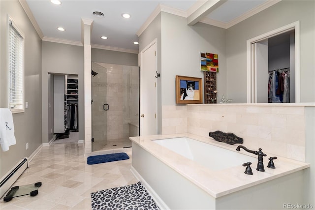 4 Cherry Hills Farm Dr, Cherry Hills Village, CO 80113 - bathroom with a baseboard radiator, a stall shower, a walk in closet, recessed lighting, and a garden tub