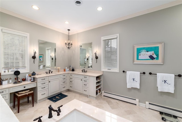 4 Cherry Hills Farm Dr, Cherry Hills Village, CO 80113 - full bathroom featuring a baseboard radiator, recessed lighting, crown molding, double vanity, and a chandelier