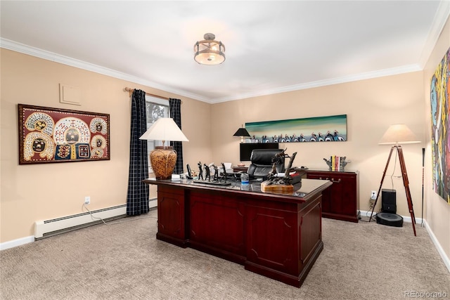 4 Cherry Hills Farm Dr, Cherry Hills Village, CO 80113 - home office featuring a baseboard radiator, light carpet, ornamental molding, and baseboards
