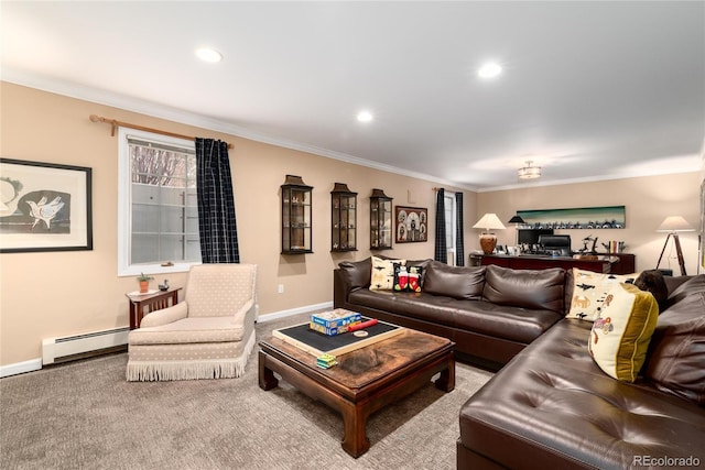 4 Cherry Hills Farm Dr, Cherry Hills Village, CO 80113 - living room with a baseboard heating unit, crown molding, baseboards, carpet flooring, and recessed lighting