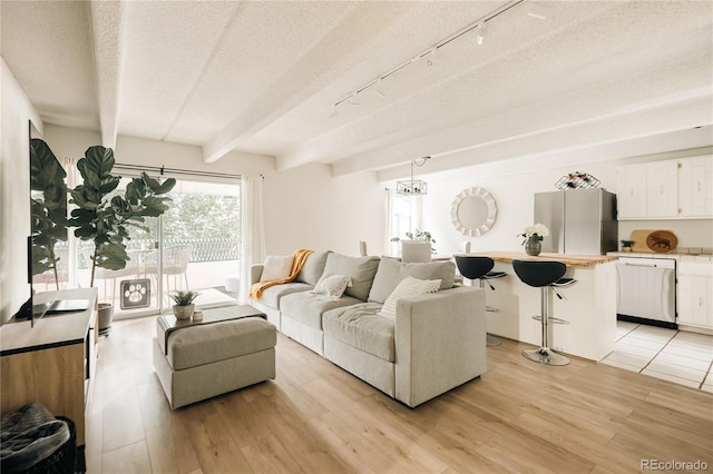 1365 Columbine St Unit 204, Denver, CO 80206 - living area featuring a textured ceiling, light wood finished floors, rail lighting, and beamed ceiling