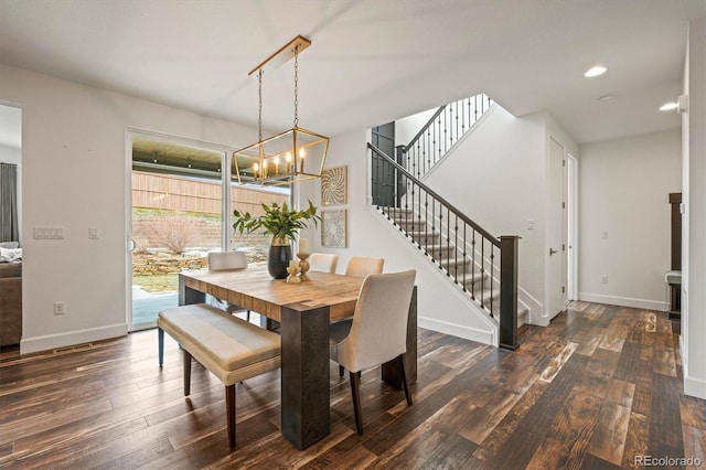 7875 S Grand Baker St, Aurora, CO 80016 - dining area featuring stairs, a chandelier, wood-type flooring, and recessed lighting