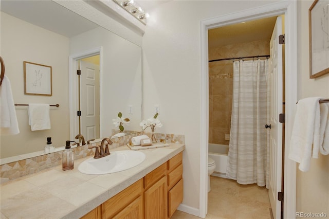 full bathroom featuring toilet, vanity, and shower / bathtub combination with curtain