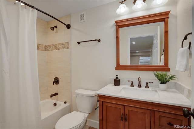 full bathroom with visible vents, toilet, vanity, and shower / tub combo with curtain