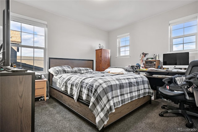 bedroom with dark carpet and multiple windows