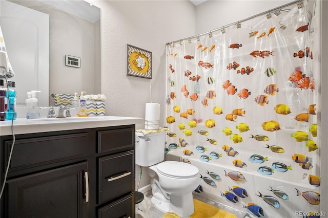 full bathroom with vanity, toilet, and shower / bathtub combination with curtain