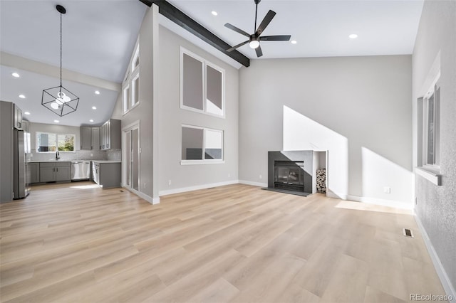 unfurnished living room featuring ceiling fan, high vaulted ceiling, sink, and light hardwood / wood-style flooring