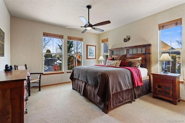 bedroom featuring a textured wall, multiple windows, and light colored carpet