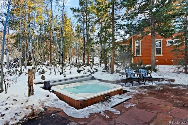 yard covered in snow with a covered hot tub