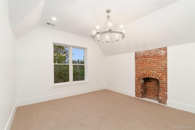2351 N Emerson St, Denver, CO 80205 - unfurnished living room featuring vaulted ceiling, a chandelier, light colored carpet, baseboards, and a brick fireplace