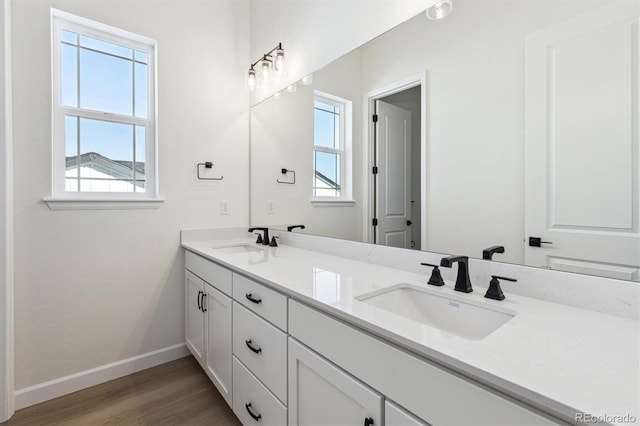 bathroom with hardwood / wood-style flooring and vanity