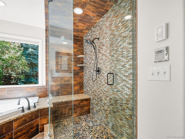 9464 E Aspen Hill Pl, Lone Tree, CO 80124 - full bath featuring a shower stall, a garden tub, wooden ceiling, and recessed lighting