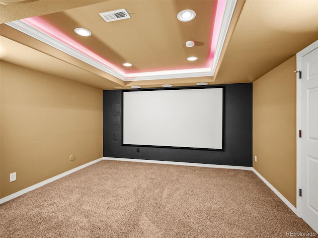 9464 E Aspen Hill Pl, Lone Tree, CO 80124 - home theater featuring carpet flooring, a tray ceiling, and recessed lighting