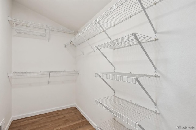 walk in closet with vaulted ceiling and hardwood / wood-style flooring