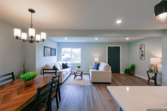 1450 Syracuse St, Denver, CO 80220 - dining room with dark wood finished floors, recessed lighting, a chandelier, and baseboards