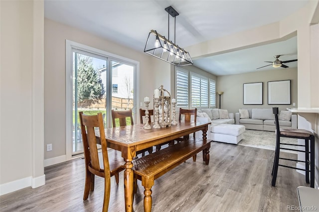 dining area with a healthy amount of sunlight, baseboards, ceiling fan with notable chandelier, and wood finished floors