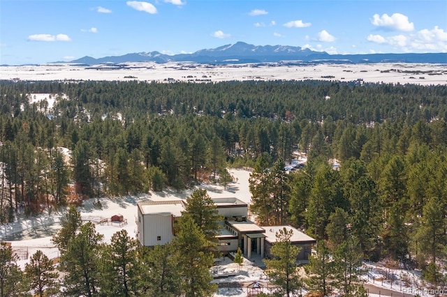 drone / aerial view featuring a mountain view and a wooded view